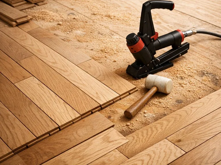 Hardwood floor installation in progress with oak planks and pneumatic nailer