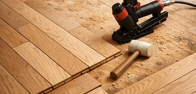 Hardwood floor installation in progress with oak planks and pneumatic nailer