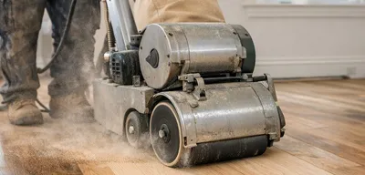 Wood floor refinishing with drum sander smoothing bare hardwood