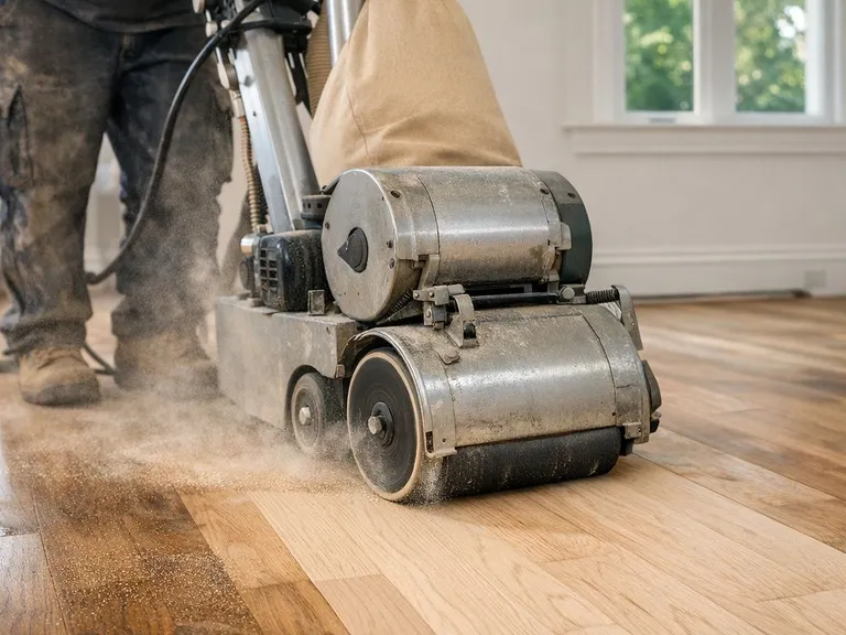 Wood floor refinishing with drum sander smoothing bare hardwood
