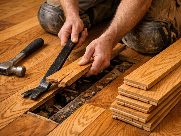 Wood floor repair with contractor replacing damaged oak boards