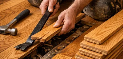 Wood floor repair with contractor replacing damaged oak boards