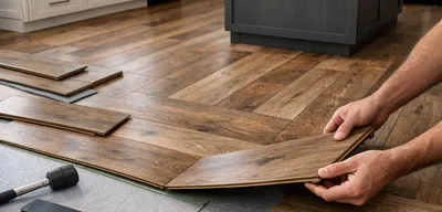 Laminate wood-look flooring installation in a modern Austin kitchen