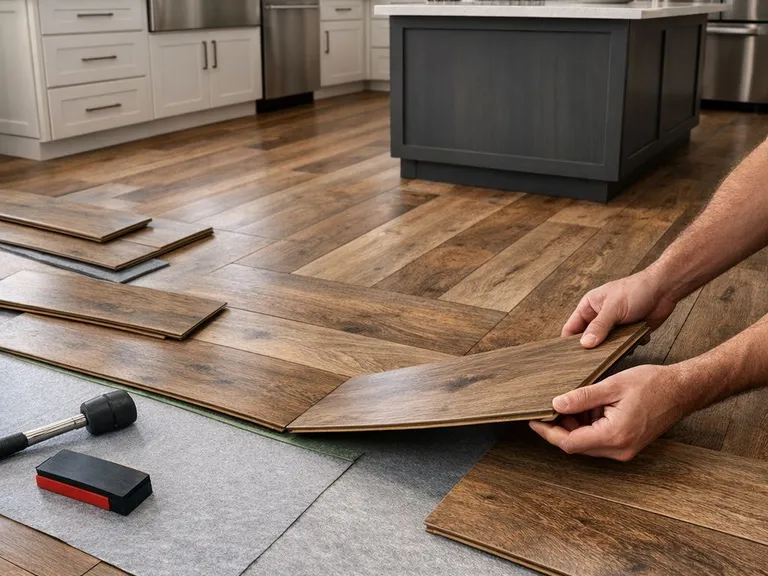 Laminate wood-look flooring installation in a modern Austin kitchen