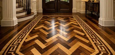 Custom herringbone hardwood floor with walnut and oak inlay border