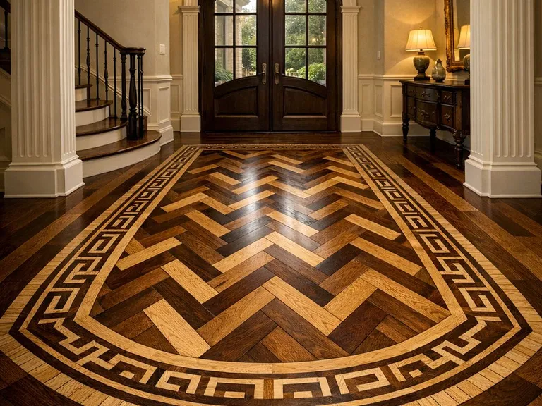Custom herringbone hardwood floor with walnut and oak inlay border
