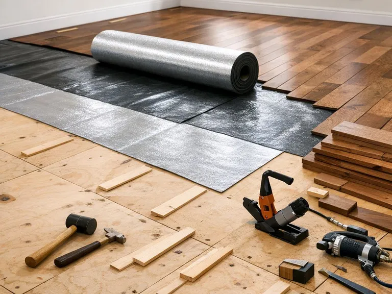 Subfloor preparation with plywood leveling and moisture barrier
