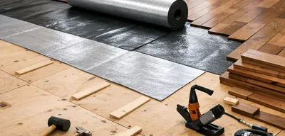Subfloor preparation with plywood leveling and moisture barrier