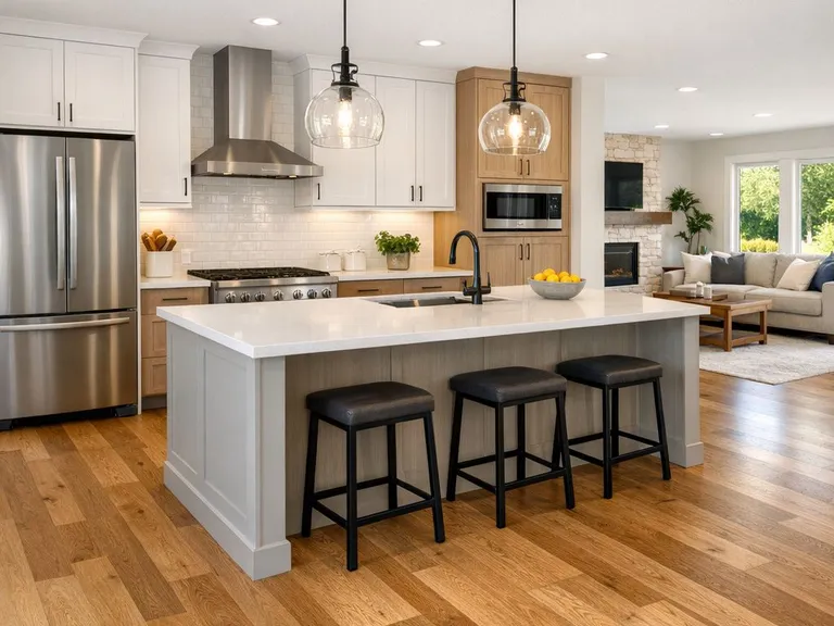 Modern kitchen with hardwood flooring in a Cedar Park Texas home