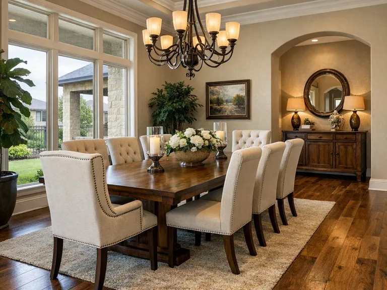 Elegant dining room with walnut hardwood flooring in Pflugerville Texas