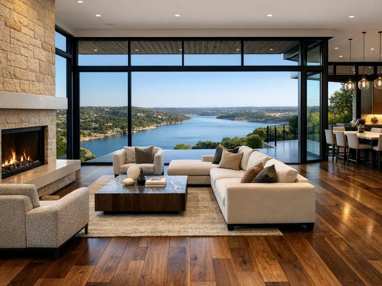 Luxury Lakeway Texas home with premium walnut hardwood flooring and lake view