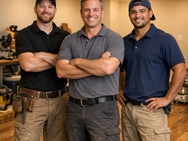 Professional flooring team in a room with newly installed hardwood floors